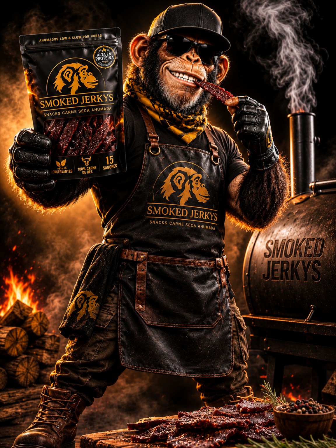 Mascota oficial de Smoked Jerkys: gorila parrillero con funda de carne seca ahumada